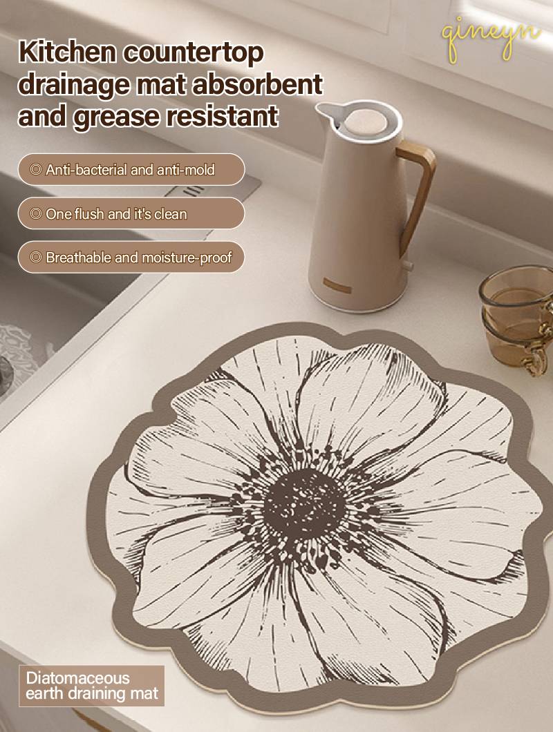 [Water-Absorbing & Oil-Resistant] Rose-Patterned Kitchen & Bathroom Diatomaceous Earth Drain Mat