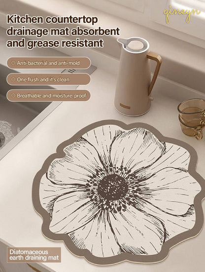 [Water-Absorbing & Oil-Resistant] Rose-Patterned Kitchen & Bathroom Diatomaceous Earth Drain Mat
