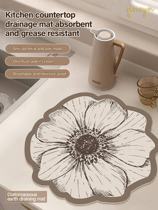 [Water-Absorbing & Oil-Resistant] Rose-Patterned Kitchen & Bathroom Diatomaceous Earth Drain Mat